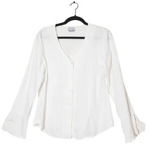 VTG Two Star Dog White Long Sleeve Button Up Tencel Blouse Top Womens Medium